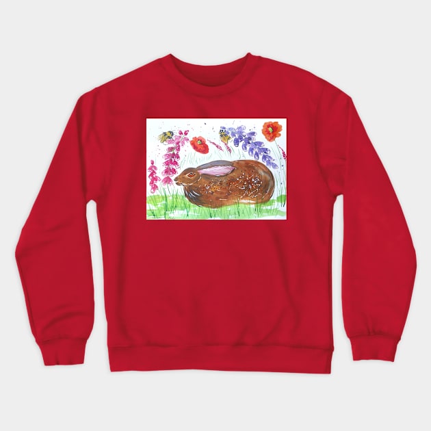 Hare reposing among Flowers and Bumble bees Crewneck Sweatshirt by Casimirasquirkyart